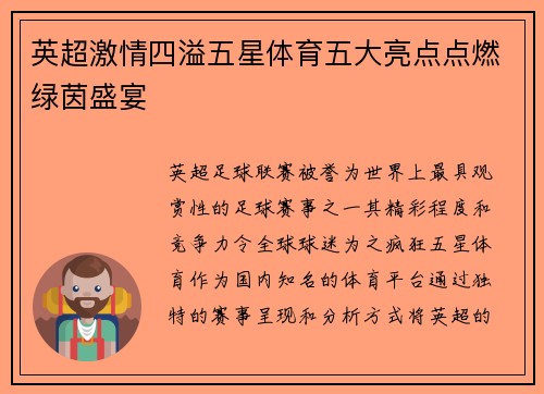 英超激情四溢五星体育五大亮点点燃绿茵盛宴
